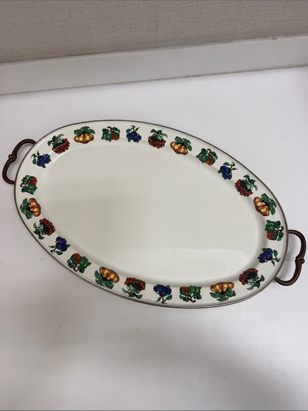 Metal Oval Serving Platter in Cream with Colorful Fruit Veggie Border